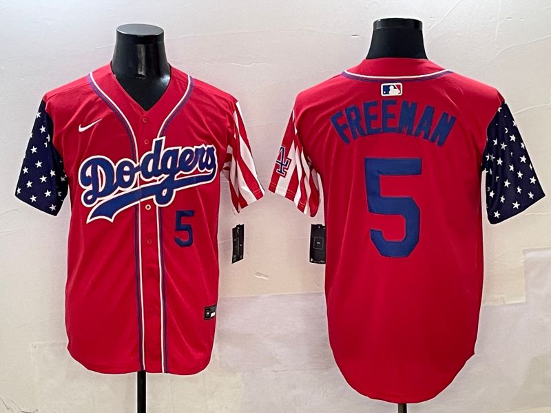 Men Los Angeles Dodgers 5 Freeman Red a generation of national flags Joint name 2025 Nike MLB Jersey style 4